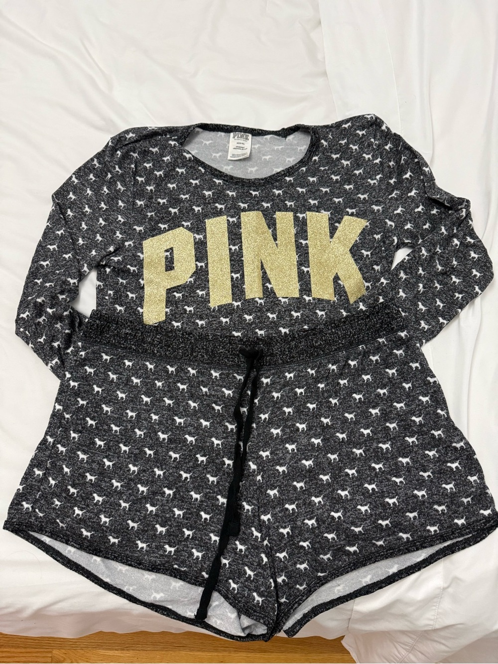 PINK Black & White Dog Print Lounge Pajama Set with Gold Logo